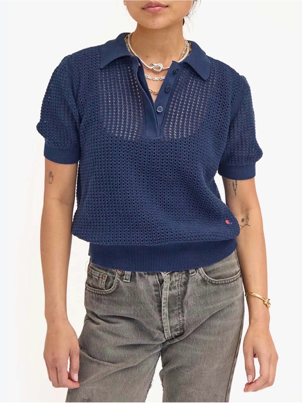 Clare V. Augustine Navy Blue Crochet Knit Cotton Polo Shirt Women's Size L